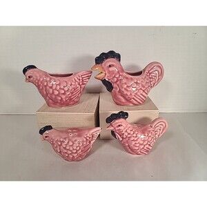 4 Pc Vintage 1950s Rooster & Hen Cream  Sugar Salt & Pepper Set In Pink Kitchy